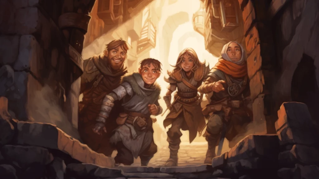 des aventuriers souriants dans une entrée de donjons et dragons dnd