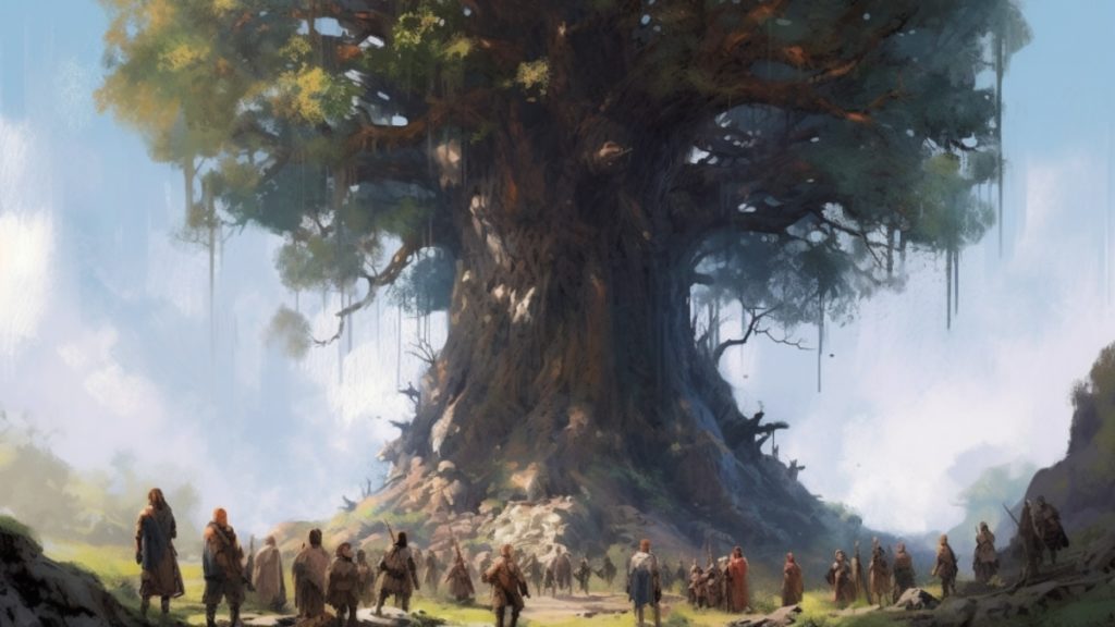 un arbre géant avec des PJs de donjons et dragons dnd5e en dessous