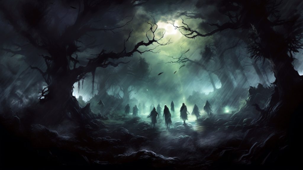 Groupe d'aventuriers explorant une forêt hantée sous la lueur de la lune, illustration fantasy