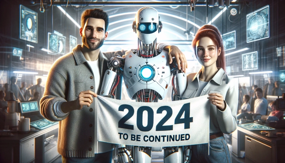 un trio composé d'un homme, d'une femme et d'un robot humanoïde souriant, tenant ensemble une banderole "2024 To Be Continued"