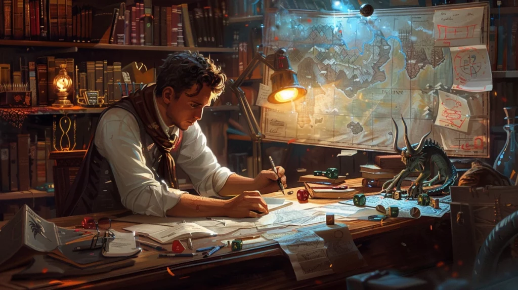 Concepteur de jeu concentré planifiant une aventure Donjons & Dragons, avec une carte du monde fantastique et des outils créatifs sur son bureau encombré.