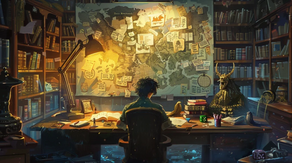 Un concepteur de jeu travaille sur un nouveau concept de Donjons & Dragons dans un bureau cosy rempli de livres, entouré d'esquisses fantastiques et de cartes.