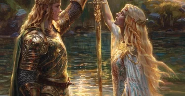 Lancelot et la dame du lac tiennent une épée à deux dans le jdr Pendragon V6
