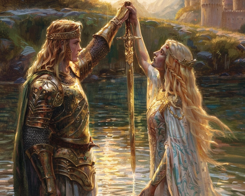 Lancelot et la dame du lac tiennent une épée à deux dans le jdr Pendragon V6