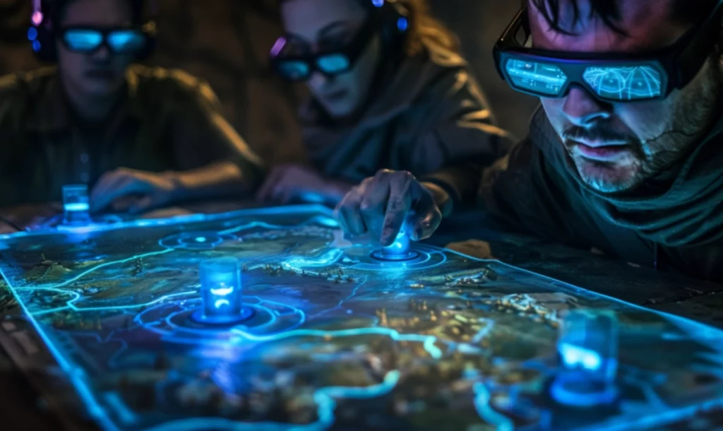 Lunettes connectées dans le jeu de role porté par des joueurs autour d'une carte numérique