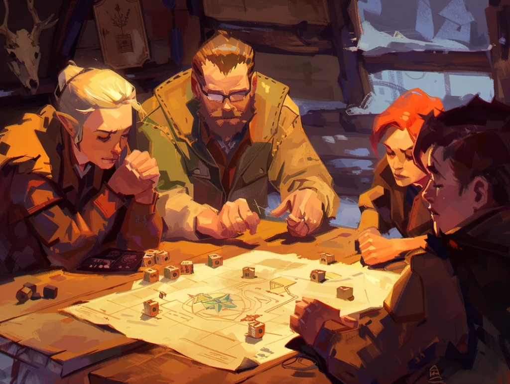 un groupe de 4 roliste autour d'une table en illustration