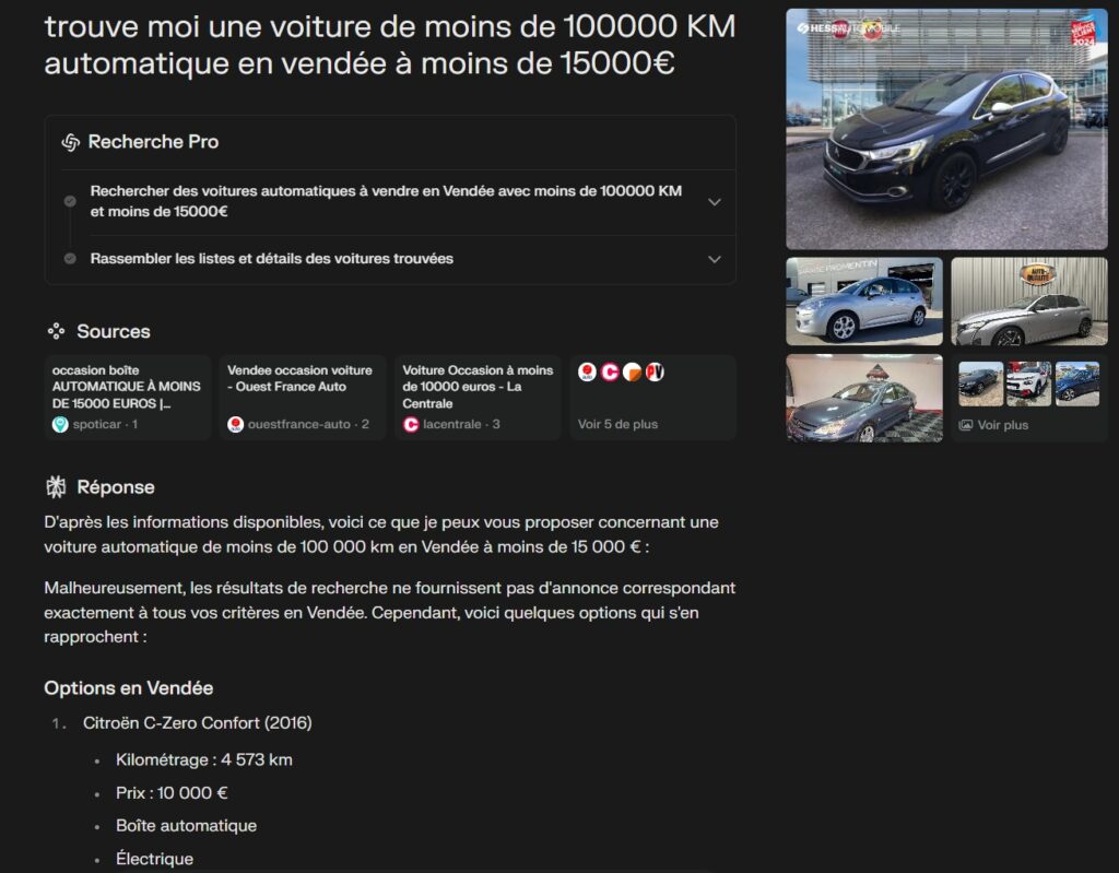 exemple sur la recherche "trouve moi une voiture de moins de 100000 KM automatique en vendée à moins de 15000€"