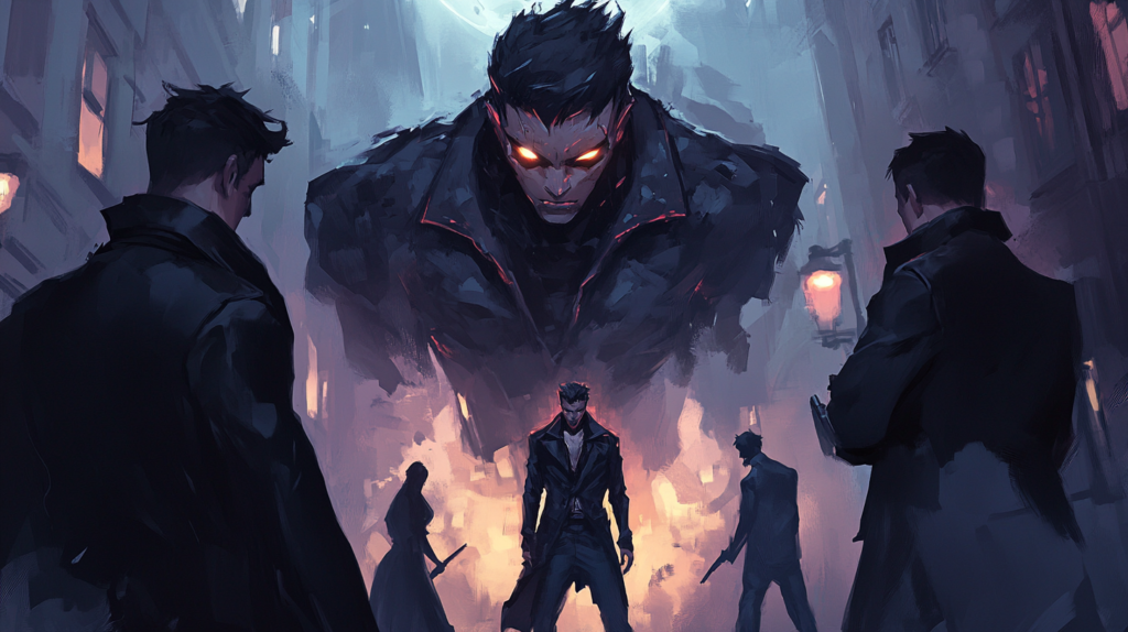 a group of investigators facing a mysterious creature in a dark, ominous setting. The scene is set in an abandoned, fog-filled alley, with broken street lamps casting faint flickers of light. The creature, barely visible through the shadows, has an eerie, monstrous form with glowing eyes, towering over the investigators. The group, dressed in trench coats and holding flashlights and weapons, stands their ground with a mix of fear and determination.