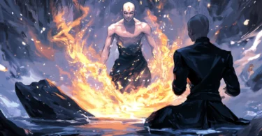 powerful characters mastering the elements in the heart of a breathtaking fantasy landscape, inspired by Japanese manga style like "Avatar: The Last Airbender." A firebender unleashes a torrent of flames, while an airbender summons a swirling gust of wind. Nearby, an earthbender lifts massive rocks, and a waterbender controls a stream that flows gracefully through the scene