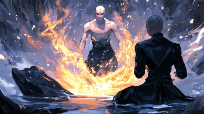 powerful characters mastering the elements in the heart of a breathtaking fantasy landscape, inspired by Japanese manga style like "Avatar: The Last Airbender." A firebender unleashes a torrent of flames, while an airbender summons a swirling gust of wind. Nearby, an earthbender lifts massive rocks, and a waterbender controls a stream that flows gracefully through the scene