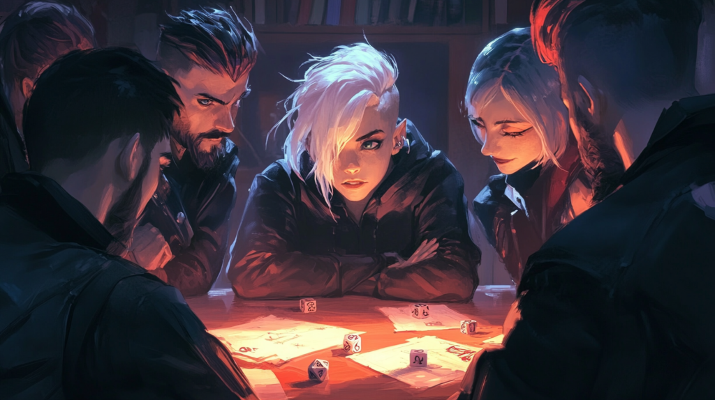 a group of passionate tabletop role-playing game players engaged in a heated discussion about the direction of the story. They're seated around a cluttered wooden table, surrounded by character sheets, dice, and game manuals. One player leans forward, gesturing animatedly, while others listen intently or argue their own perspectives. The room is lit by warm overhead lights, casting a glow on their faces, heightening the intensity of the conversation. In the background, shelves of fantasy books and maps hang on the walls, adding to the immersive atmosphere.