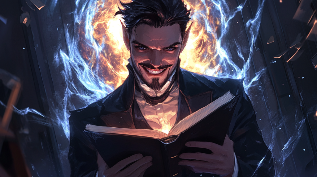 smiling player holding a classic role-playing game manual, ready for a new adventure. He stands confidently with the book in hand, while behind him, a glowing magical portal begins to open, swirling with ethereal energy. The portal's colors shift between blues, purples, and golds, casting an enchanting light on the player's face and surroundings.