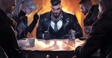 illustration de fletch 2024 un groupe de personnage style roman noir discute autour d'une table, un café et un verre sur la table