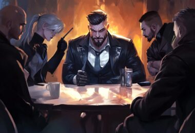 illustration de fletch 2024 un groupe de personnage style roman noir discute autour d'une table, un café et un verre sur la table