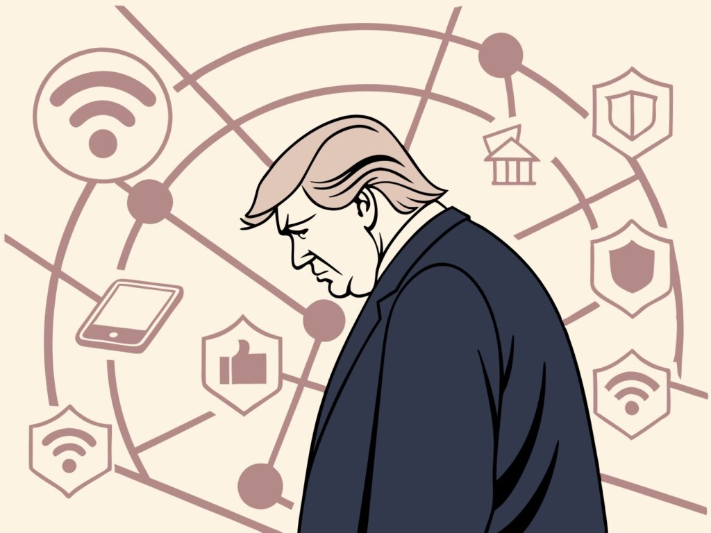 Trump est éclairé par une lumière, mais derrière lui, une ombre gigantesque symbolise des systèmes de cybersécurité et des réseaux de surveillance digitale, évoquant une collaboration entre politique et tech pour surveiller et protéger la nation.