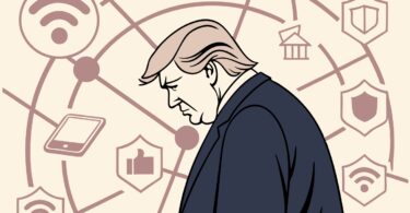 Trump est éclairé par une lumière, mais derrière lui, une ombre gigantesque symbolise des systèmes de cybersécurité et des réseaux de surveillance digitale, évoquant une collaboration entre politique et tech pour surveiller et protéger la nation.