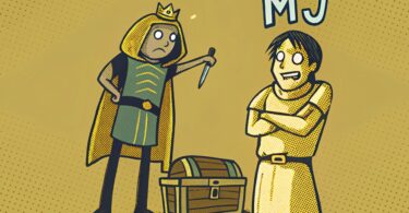 a comical medieval RPG reward scene where the party of adventurers (a barbarian, rogue, and mage) stares in shock at the "epic loot" they’ve received: a single loaf of stale bread. The Maître du Jeu (MJ), dressed as a stingy king, looks proud of himself, arms crossed, with a smug grin. The players’ faces show disbelief and anger. The lighting is warm, like the glow of a treasure room, but the “loot” is comically underwhelming.