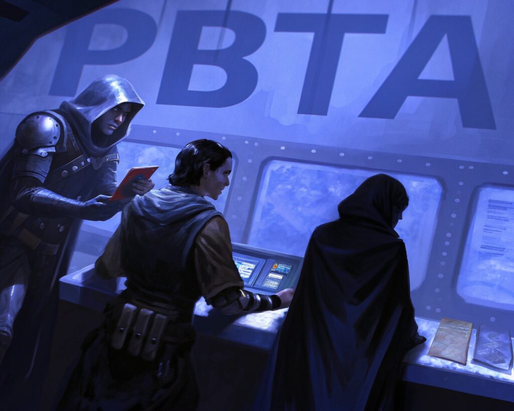 une scène de jeu de role avec des personnages de pleins d'univers avec une affiche "pbta"