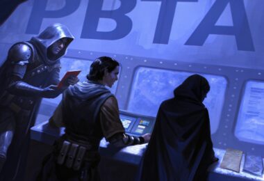 une scène de jeu de role avec des personnages de pleins d'univers avec une affiche "pbta"