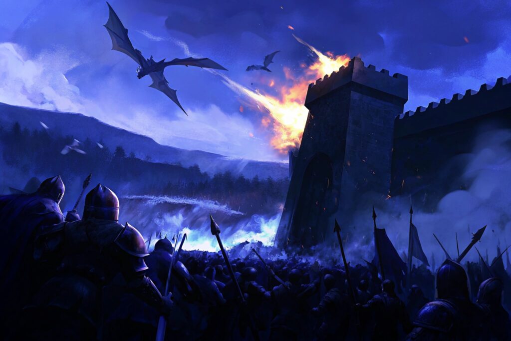 a sprawling fortress under siege by a dragon and a