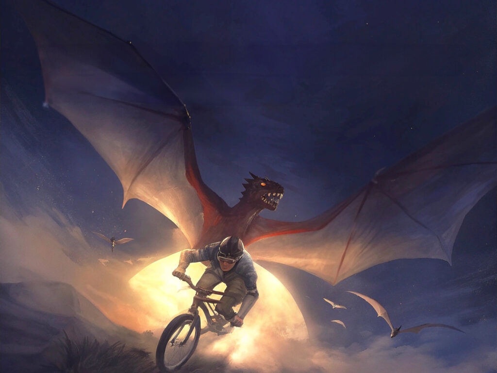 un vélo qui vole devant la lune et en face un dragon rouge qui vol