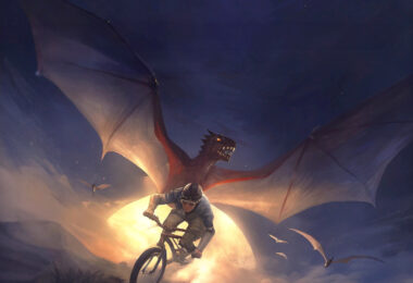 un vélo qui vole devant la lune et en face un dragon rouge qui vol