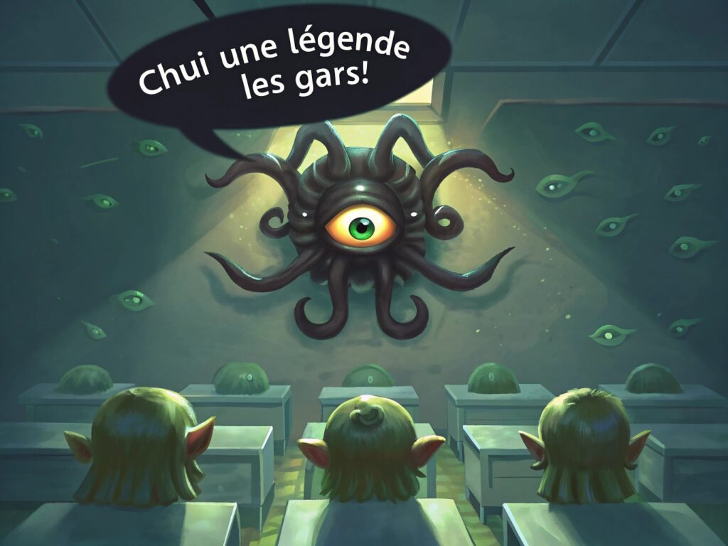 Un monstre flottant dnd le beholder avec des yeux sur des tentacules parle à des enfants goblins dans une classe d'école : il dit dans une bulle « Chui' une légende les gars ! »